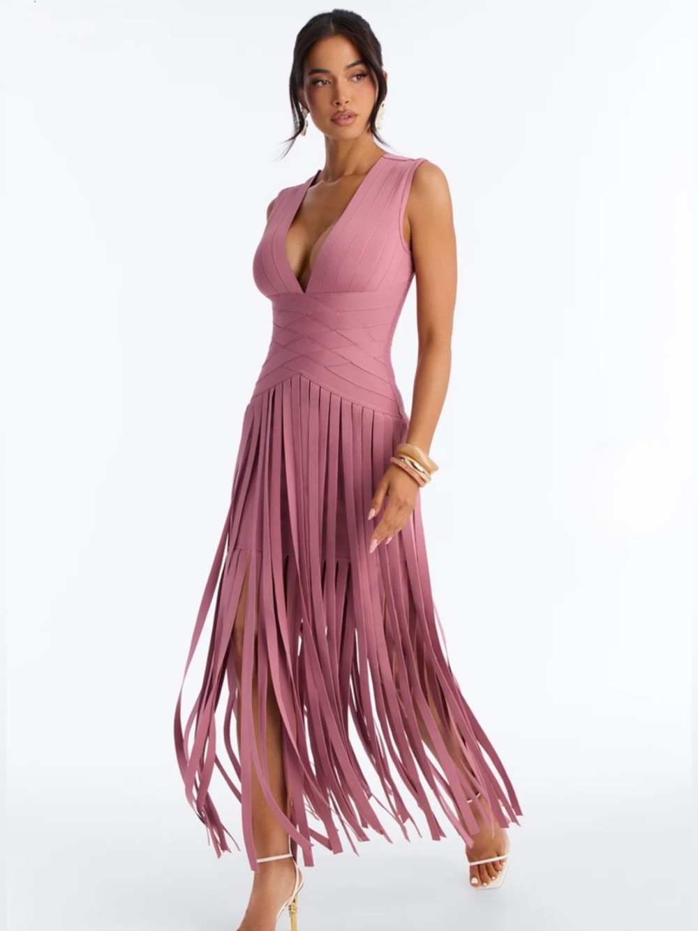 🆕 Fashion Nova Alliana Bandage Fringe Maxi Dress